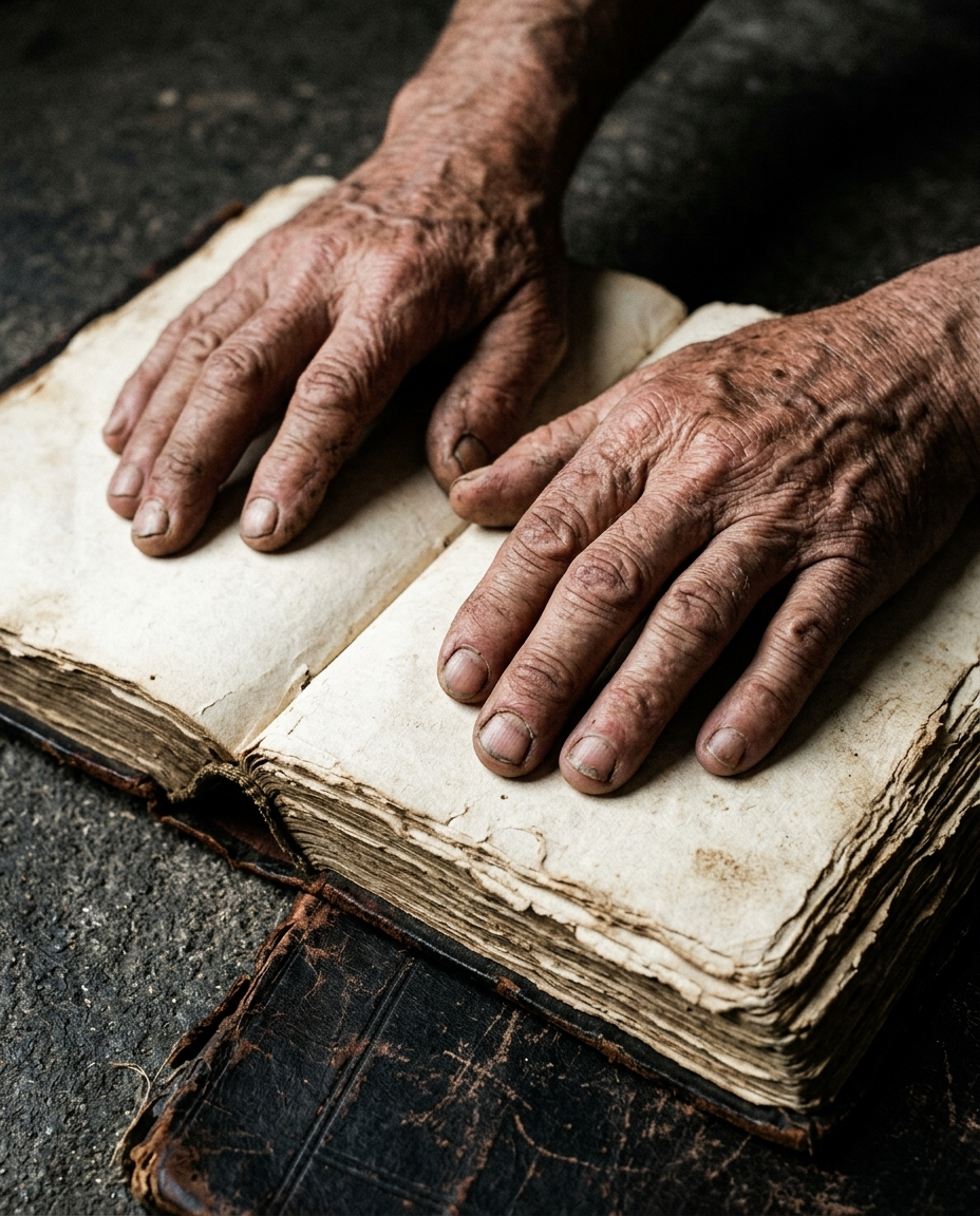 Weathered hands resting on a book